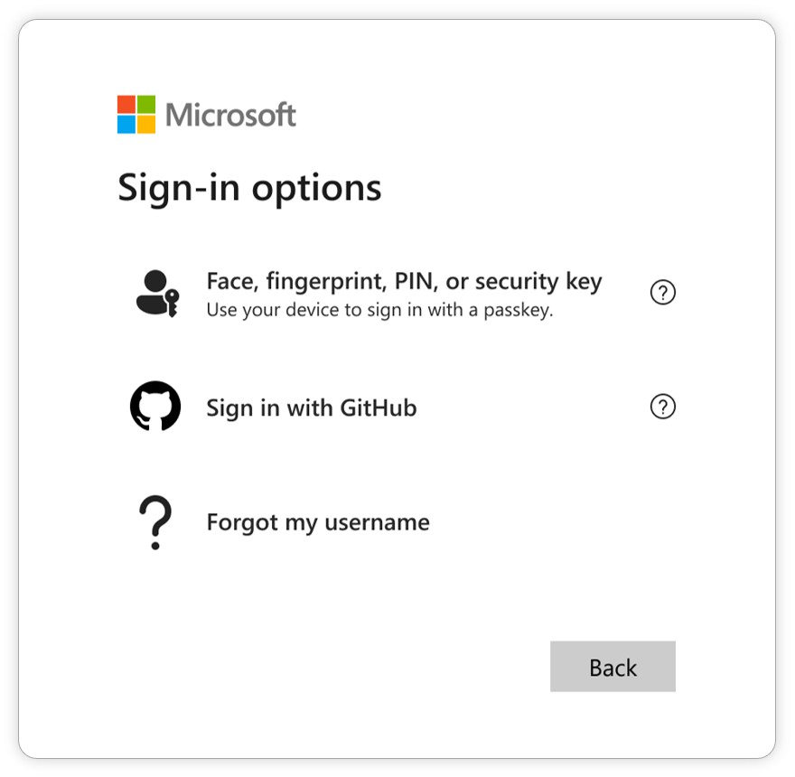 	
"Microsoft Sign-in options" dialog box featuring three options:

Face, fingerprint, PIN, or security key: Use a device to sign in with a passkey (accompanied by a person and key icon).
Sign in with GitHub: Authenticate using a GitHub account (represented by the GitHub logo).
Forgot my username: Assistance for recovering a username (depicted with a question mark icon).
A "Back" button is located at the bottom right.