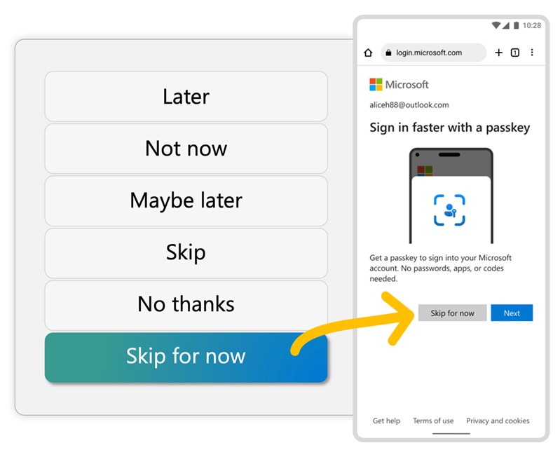 A comparison of different options tested for deferring a prompt on a Microsoft sign in screen. The left side displays various buttons with text options such as "Later," "Not now," "Maybe later," "Skip," "No thanks," and "Skip for now." The right side shows a Microsoft sign in screen with the email address aliceh88@outlook.com and a prompt to "Sign in faster with a passkey." Below the prompt, there is an option to "Skip for now" highlighted with an arrow pointing to it, and to the right of that button, a "Next" button.