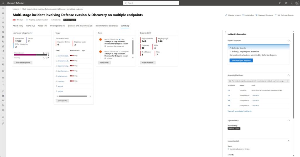 Incident and alerts are tagged with Defender Experts and detailed analysis provided under view Managed Response.