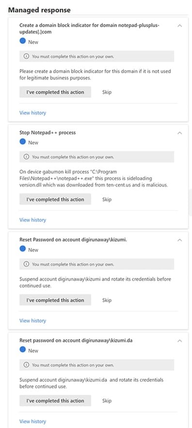 Managed response focused remediation one-click actions such as blocking indicator, stopping a malicious process, and resetting passwords.