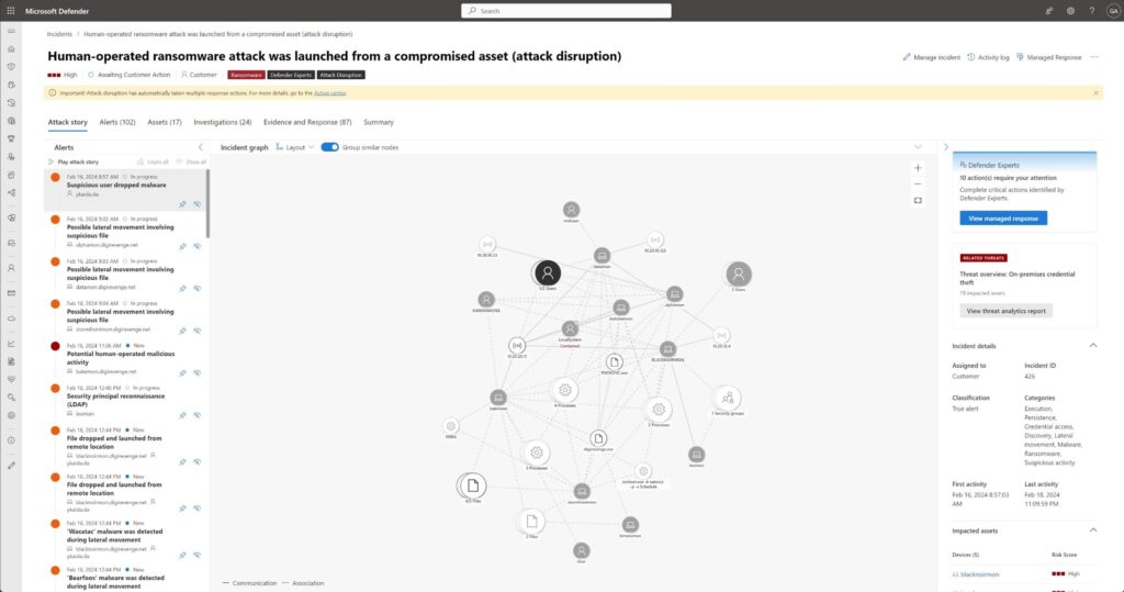 A summary attack graph, managed responses and attack disruption automatically handling this ransomware threat.